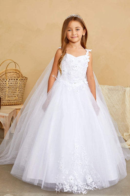 White kids pageant dress featuring floral appliques on a full tulle skirt.