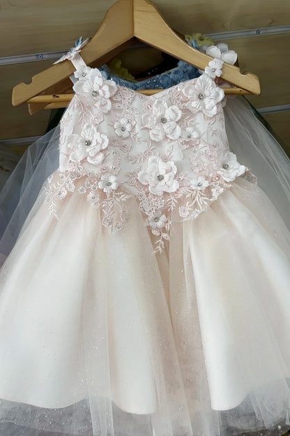 A sleeveless children's party dress with a tulle skirt, featuring 3D floral appliqué on the bodice and lace detailing