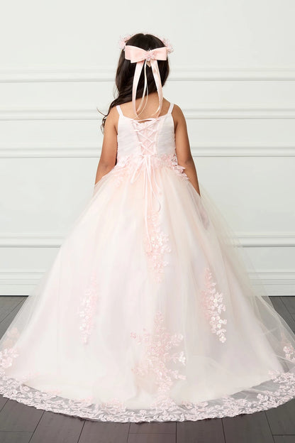 The Blush kids pageant dress has lace-up ties at the back.