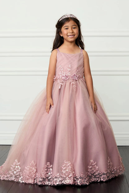 Dusty Rose kids pageant dress featuring lace trimming along a flowing train.
