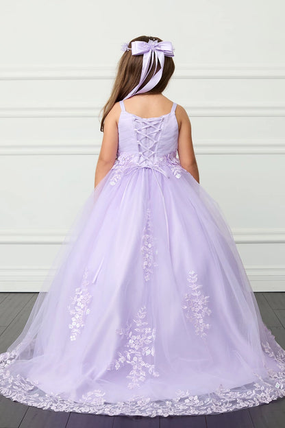 The Lilac kids pageant dress has lace-up ties at the back.