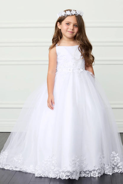White kids pageant dress featuring lace trimming along a flowing train.
