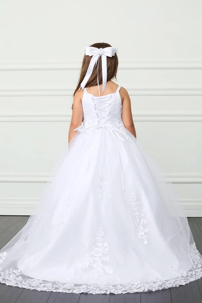 The White kids pageant dress has lace-up ties at the back.