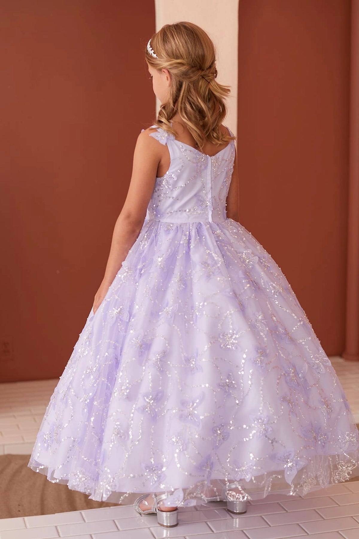 The Lilac kids pageant dress has the rear bodice and layered skirt.