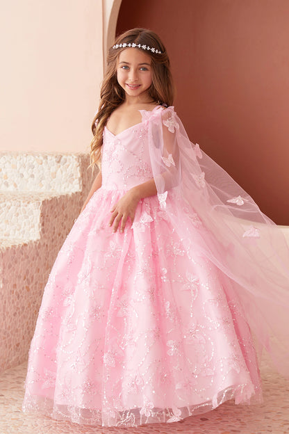 Pink kids pageant dress featuring raised butterfly details.