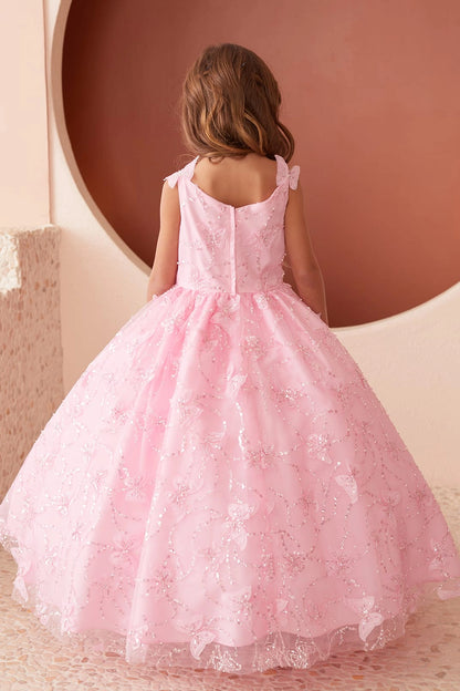 The Pink kids pageant dress has the rear bodice and layered skirt.