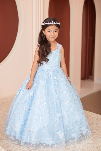 Sky Blue kids pageant dress featuring raised butterfly details.