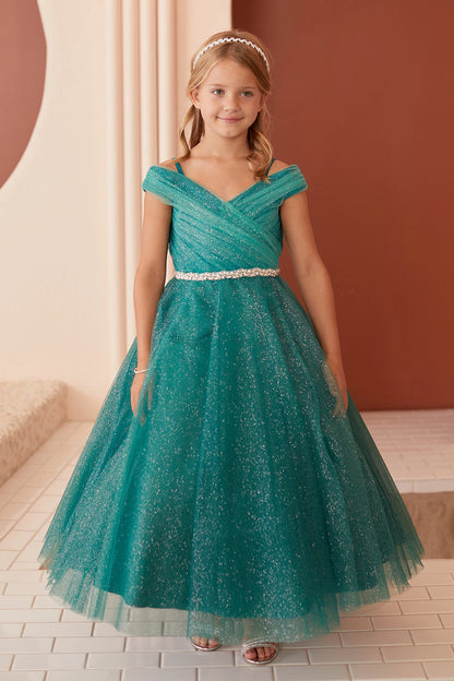 Emerald kids pageant dress featuring an asymmetrically pleated neckline.