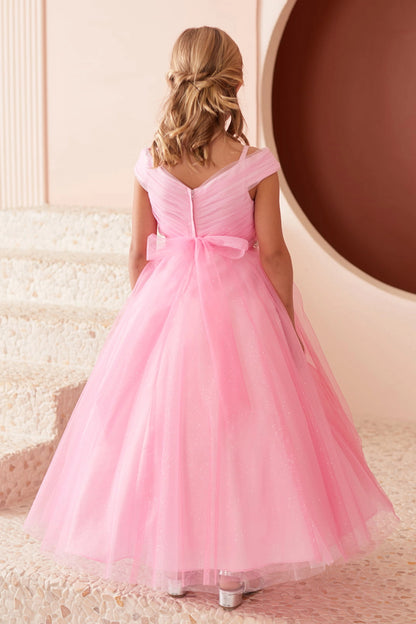 Visible details on the Hot Pink kids pageant dress include a tied sash across the back waist.