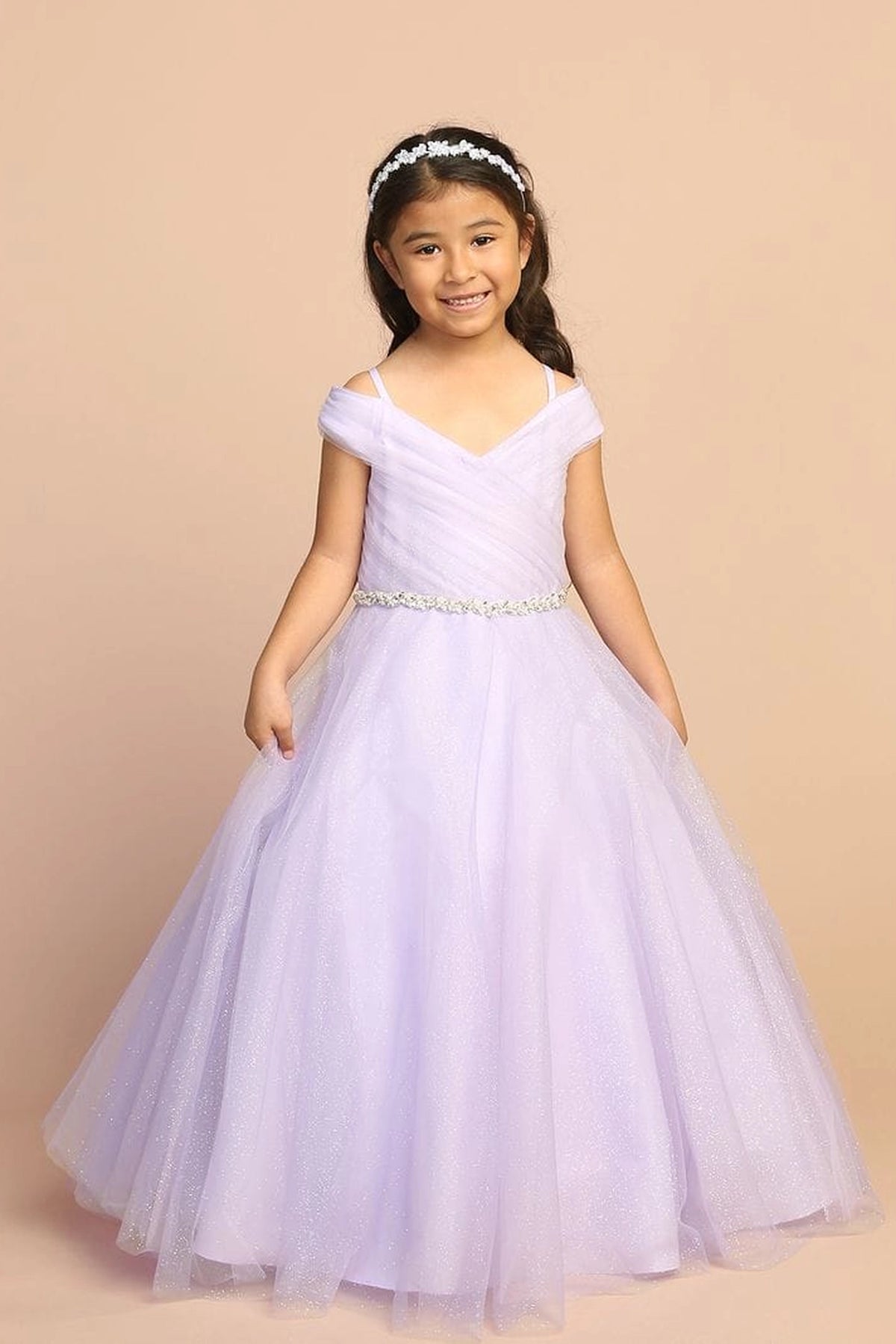 Lilac kids pageant dress featuring an asymmetrically pleated neckline.