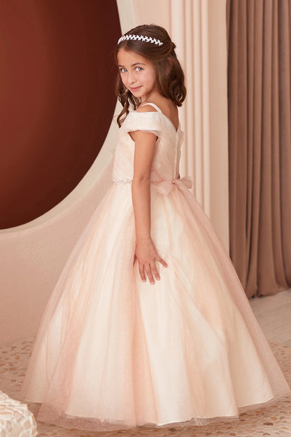 Visible details on the Rose Gold kids pageant dress include an asymmetrically pleated neckline.