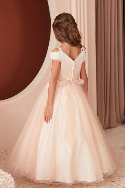 On the Rose Gold kids pageant dress, the detailing includes a tied sash across the back waist.