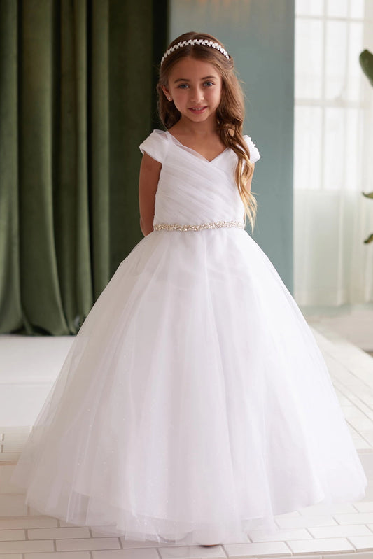 White kids pageant dress featuring an asymmetrically pleated neckline.