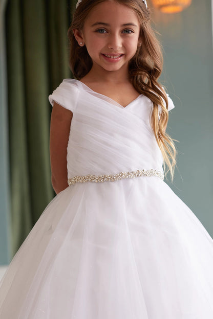 Visible details on the White kids pageant dress include crossed pleats at the shoulder.
