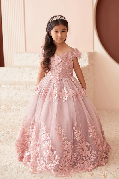 Dusty Rose kids pageant dress featuring dimensional lace flowers.