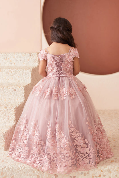 Visible details on the Dusty Rose kids pageant dress include lace-up ties at the back.