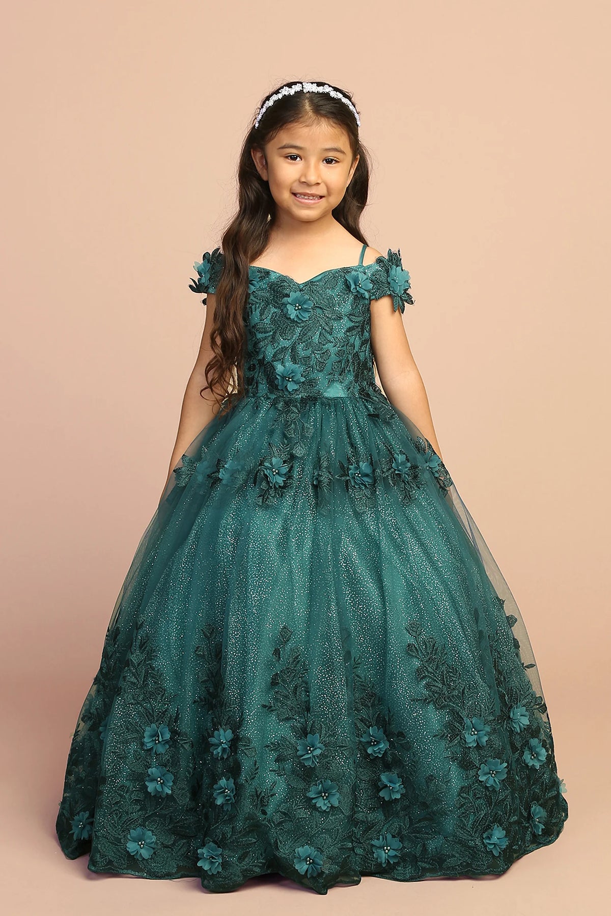 Emerald kids pageant dress featuring dimensional lace flowers.