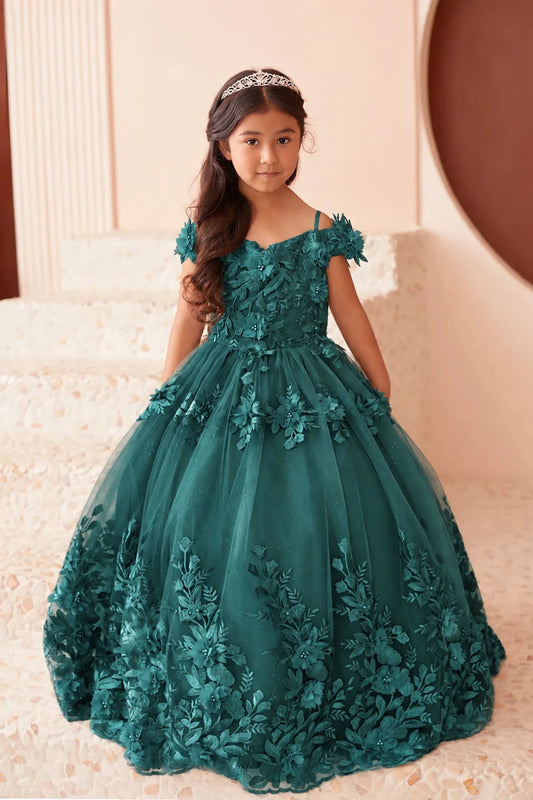 Emphasis on a dense floral skirt border of the emerald mini quince dress.