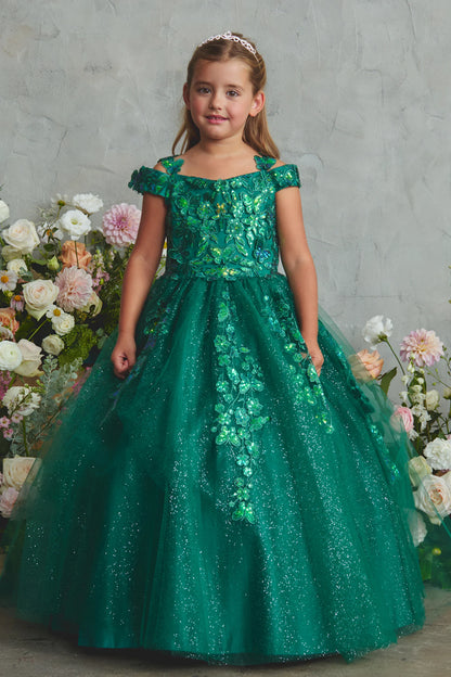Emerald kids pageant dress featuring floral lace and butterfly accents.