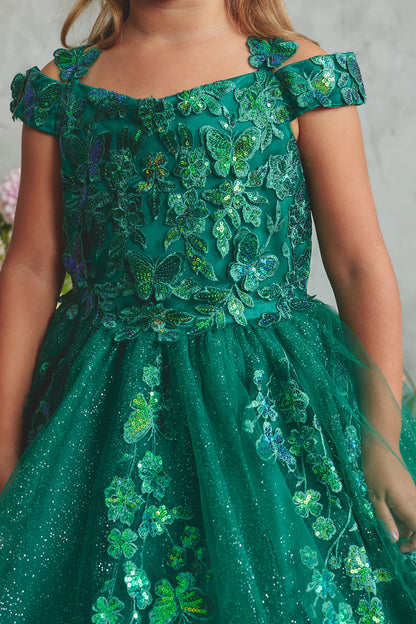 Visible details on the Emerald kids pageant dress include floral lace and sequins at the neckline.