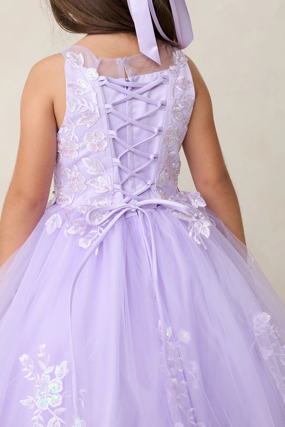 Visible details on the Lilac kids pageant dress include lacing at the back waist.