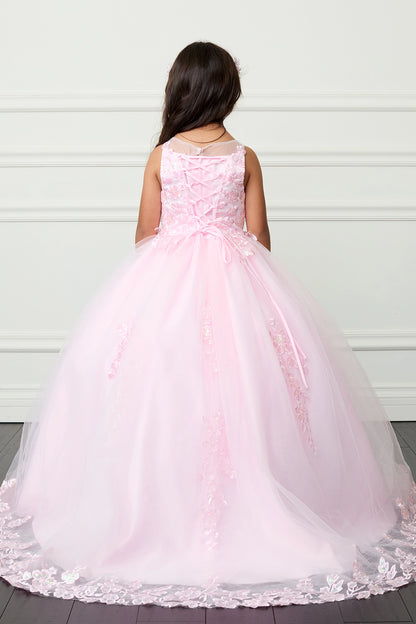 The Pink kids pageant dress has lace-up ties at the back.