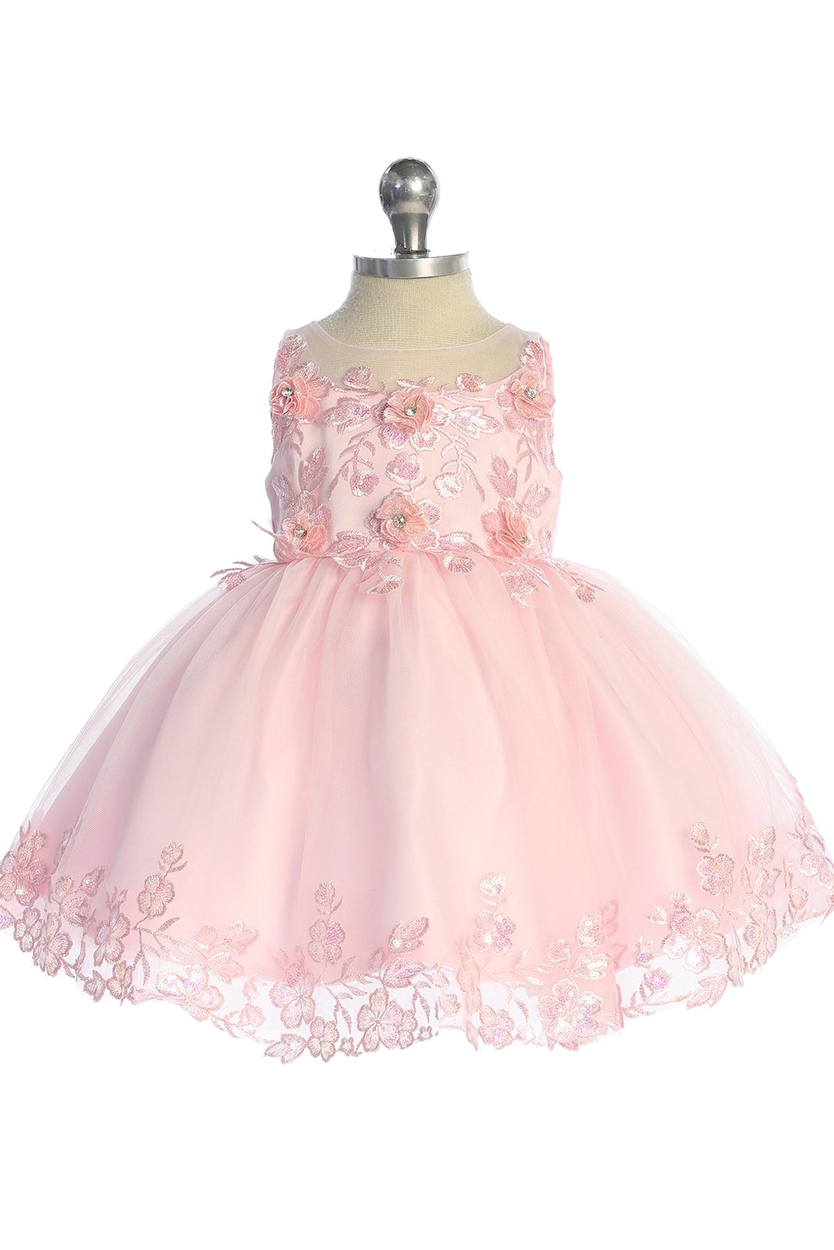 Seen from the front, this Pink kids pageant dress displays lace appliques across the bodice and skirt.