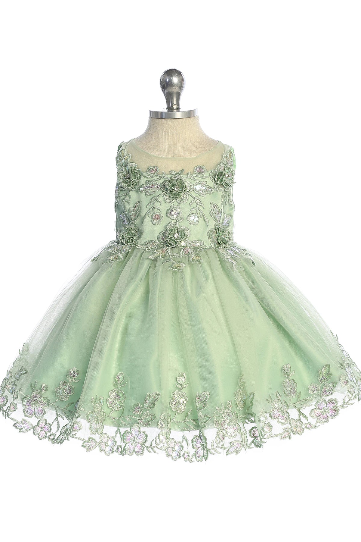 The Sage kids pageant dress has lace appliques across the bodice and skirt.