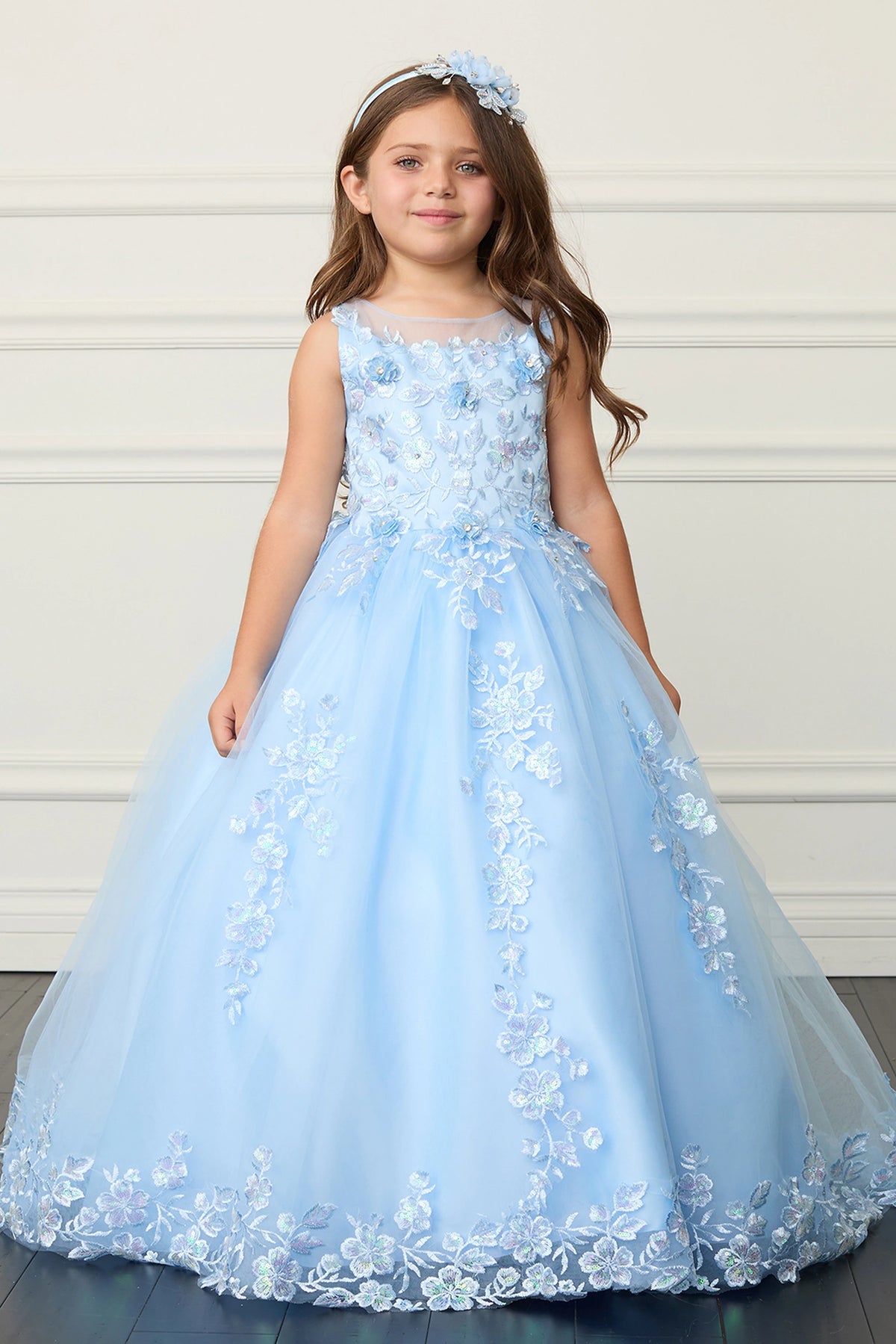Sky Blue kids pageant dress featuring lace appliques across the bodice and skirt.
