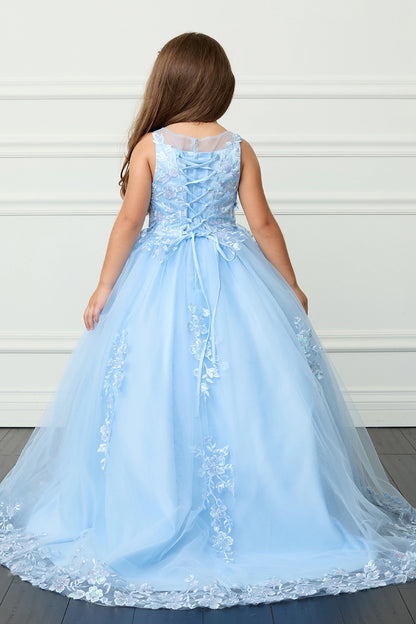 The Sky Blue kids pageant dress has lace-up ties at the back.