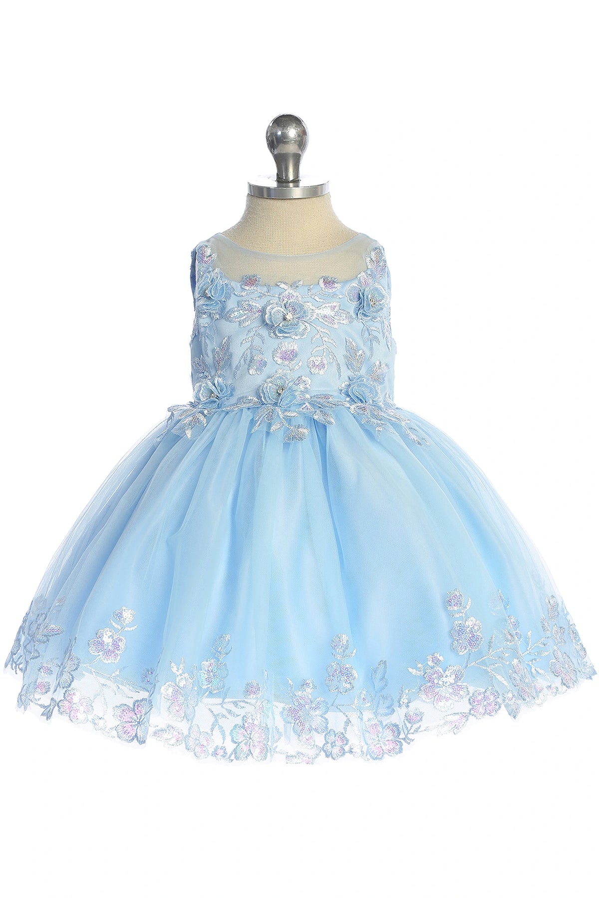 Visible details on the Sky Blue kids pageant dress include lace appliques across the bodice and skirt.