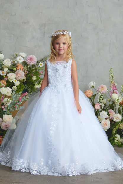 White kids pageant dress featuring lace appliques across the bodice and skirt.