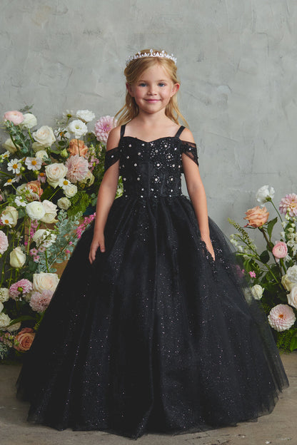 Black kids pageant dress featuring beaded corded lace.