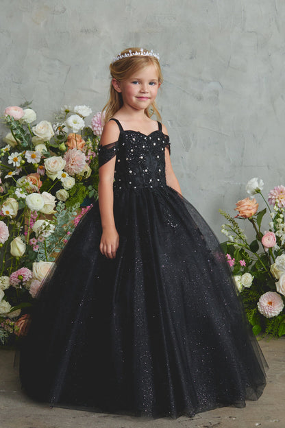 The Black kids pageant dress has beaded corded lace.