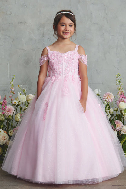 Pink kids pageant dress featuring beaded corded lace.
