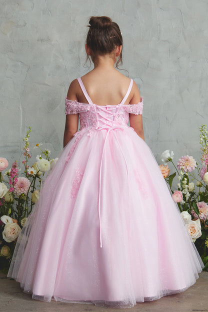 The Pink kids pageant dress has lace-up ties at the back.