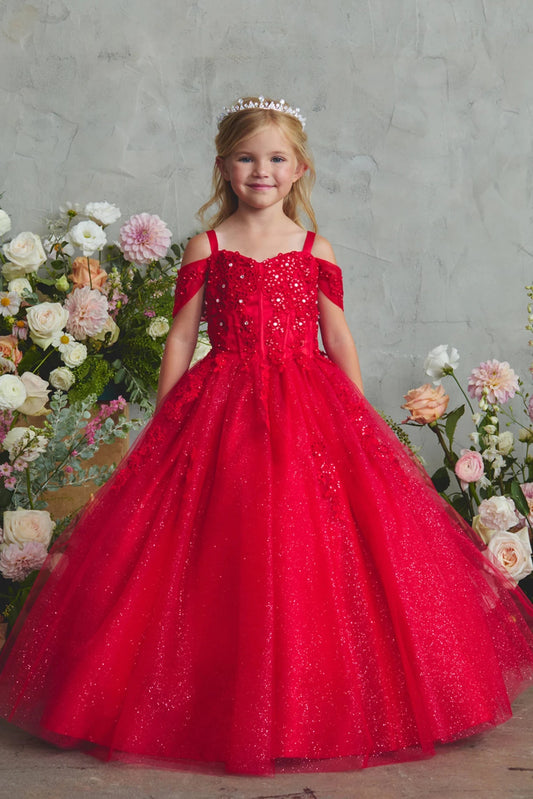 Red mini quince dress, showing a beaded cold-shoulder bodice.