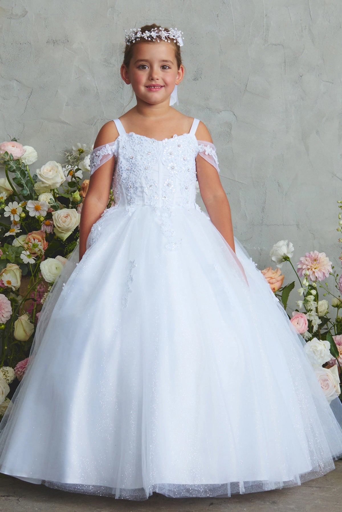 White kids pageant dress featuring beaded corded lace.