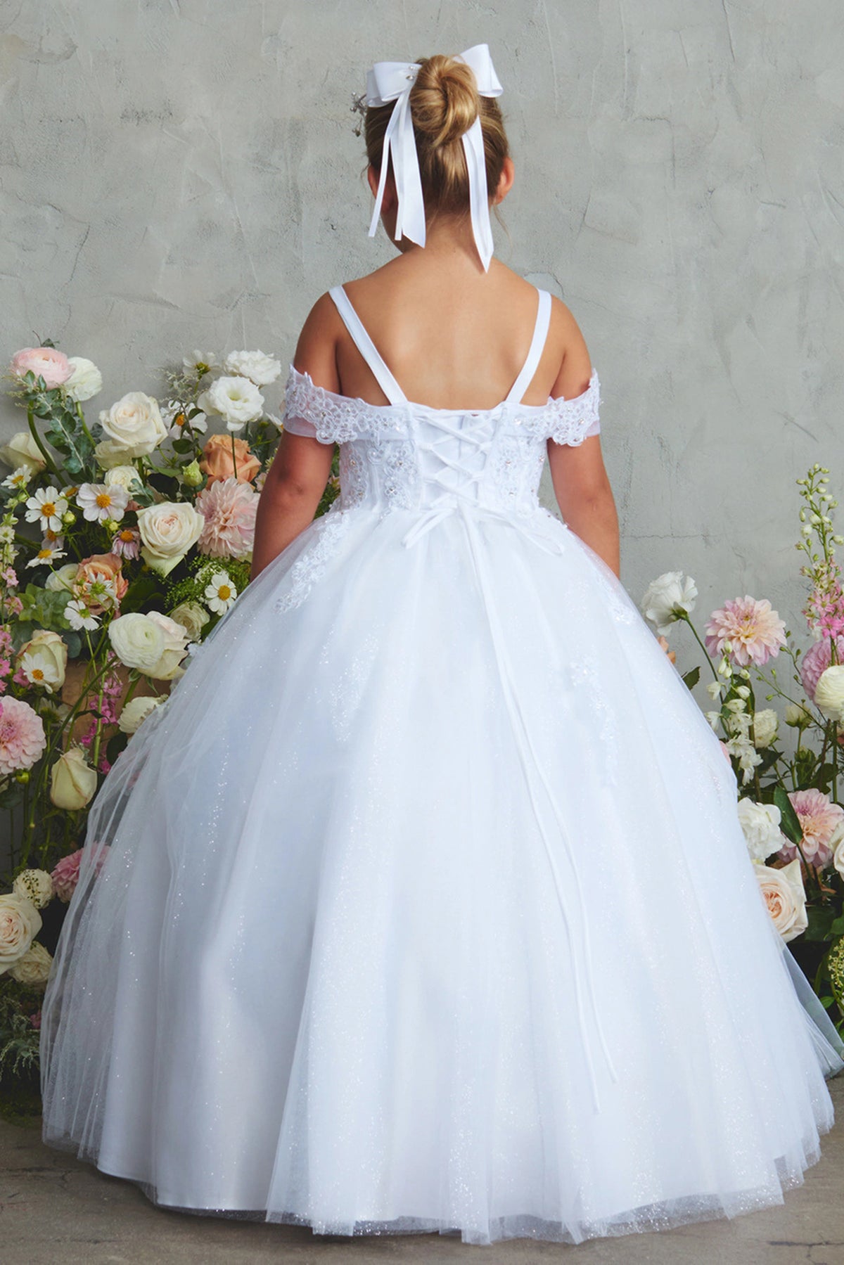 Visible details on the White kids pageant dress include lace-up ties at the back.