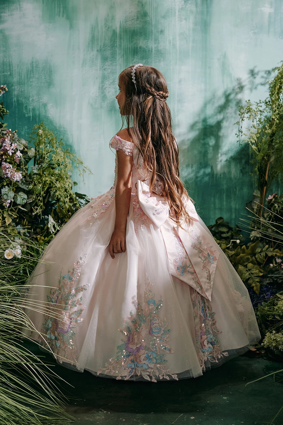Visible details on the Blush kids pageant dress include lace-up ties at the back.