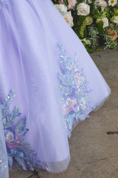 The Lilac kids pageant dress has floral lace on the full skirt.