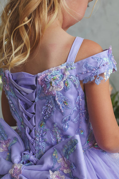 Visible details on the Lilac kids pageant dress include lace-up ties above a large bow.