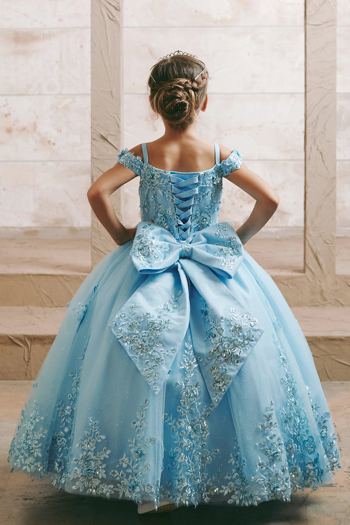 Visible details on the Sky Blue kids pageant dress include lace-up ties at the back.