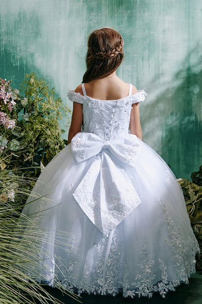 Visible details on the White kids pageant dress include lace-up ties at the back.