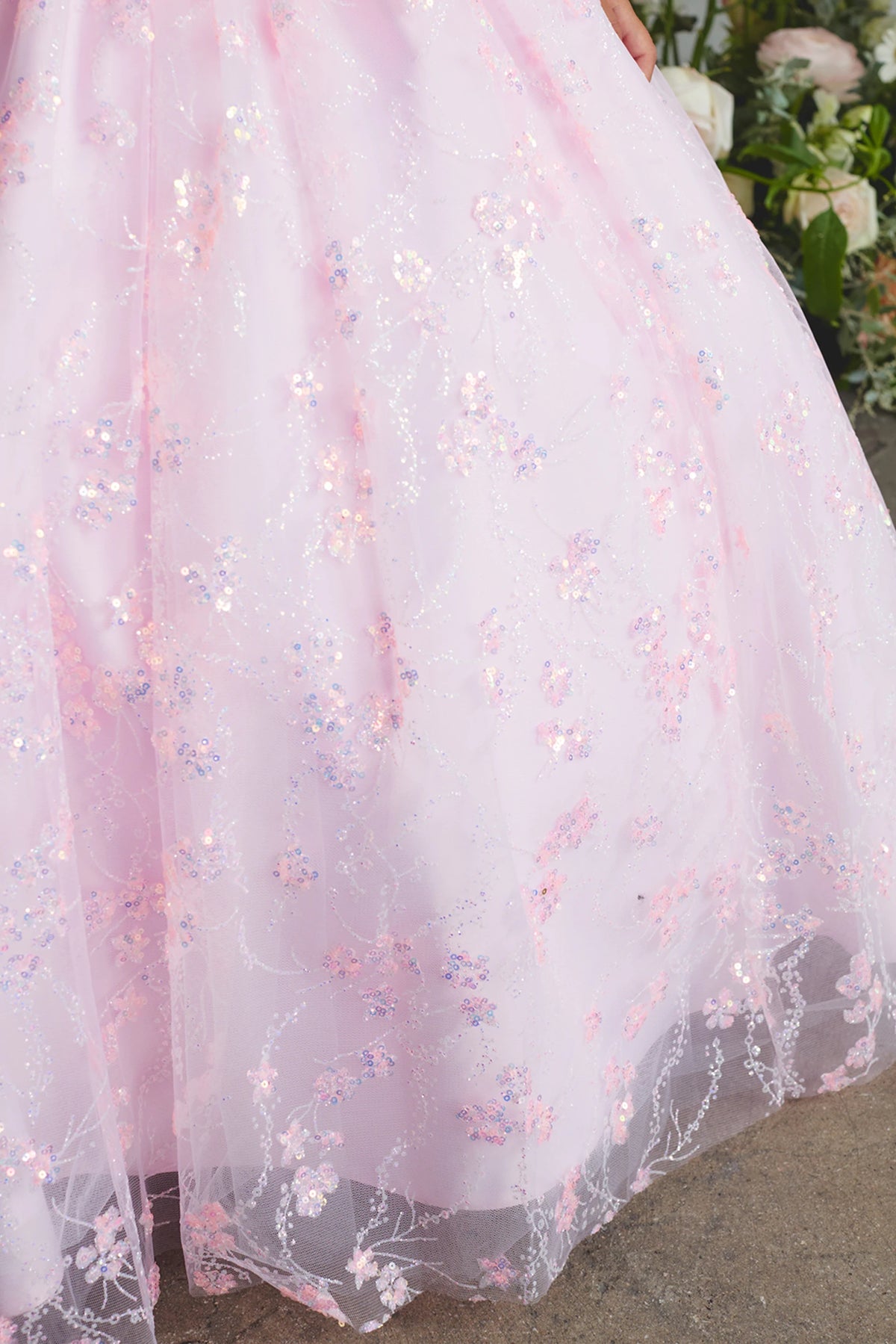 Visible details on the Pink kids pageant dress include floral glitter on the tulle skirt.