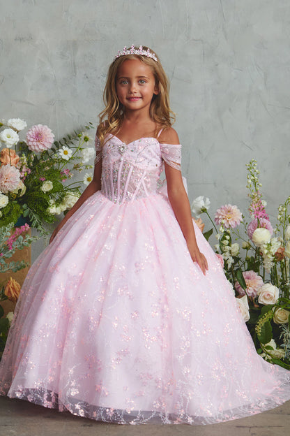 Showing beadwork over sheer bodice panels, the Pink kids pageant dress has a detailed finish.