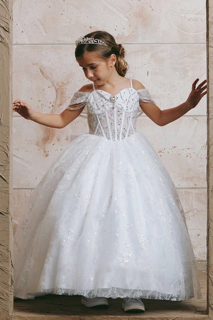 On the White kids pageant dress, the detailing includes beadwork over sheer bodice panels.