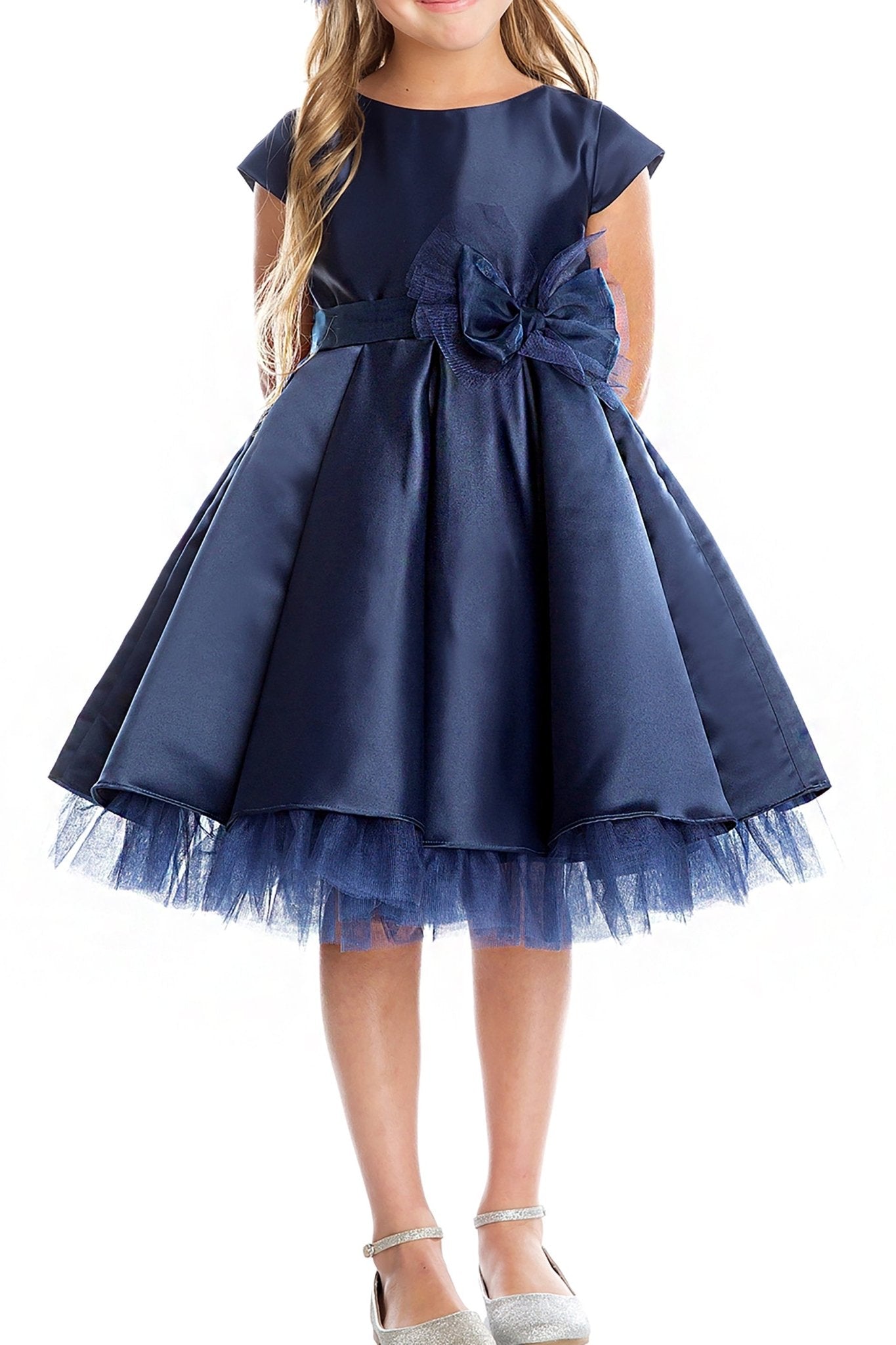 Navy satin flower girl dress with a bow and tulle skirt.
