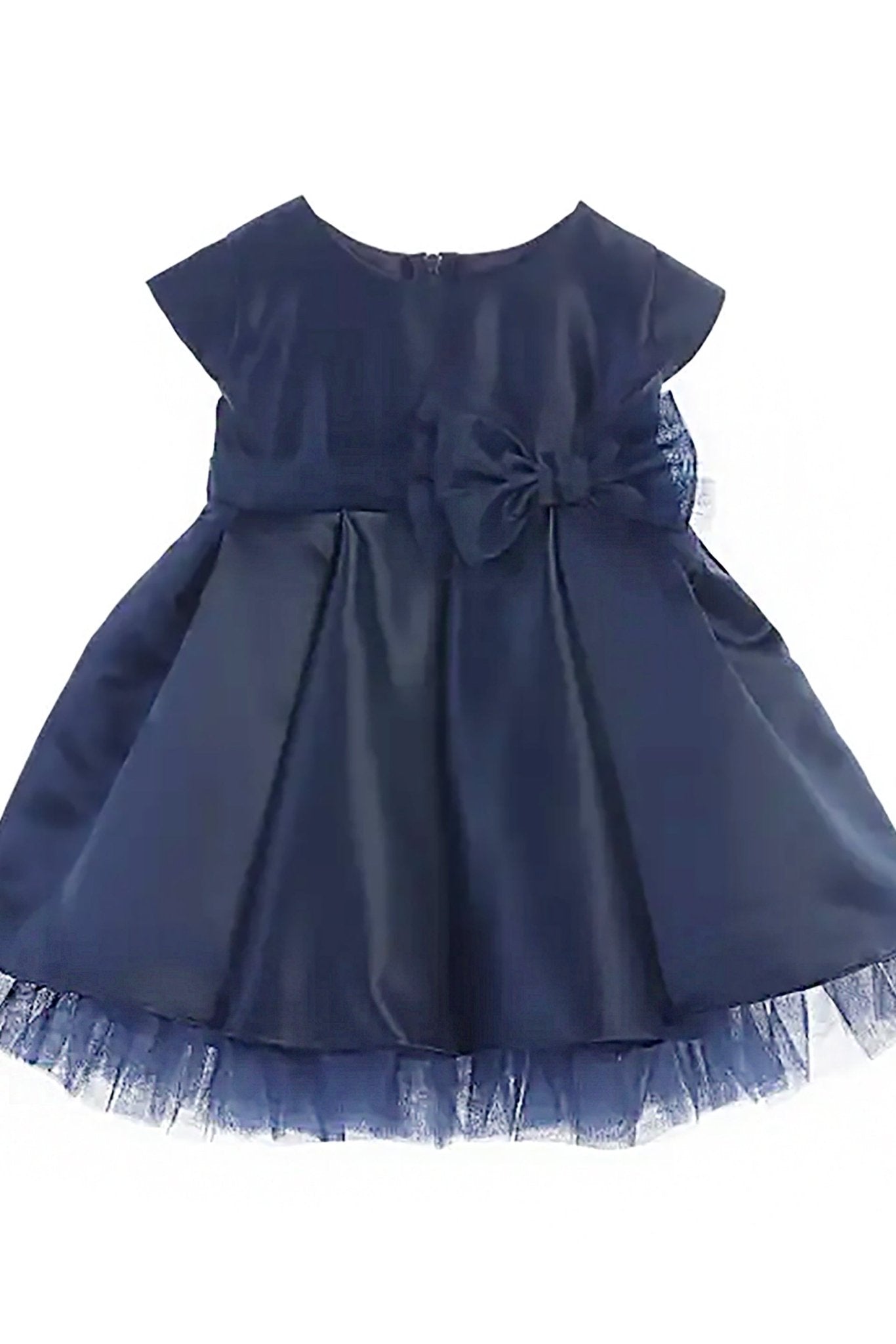Navy blue flower girl dress with a bow detail.