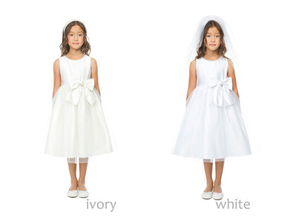 Ivory USA Made | Pearl Neckline & Pearl detail Bow Satin and Tulle Flower Girl Dress - split view of girl wearing dress, one dress is ivory color, the other is white color